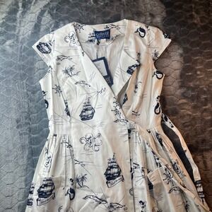 Collectif Vintage Joice Ocean Map Swing Dress White Navy Nautical NWT Size M